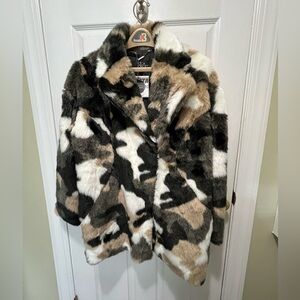 LA Coalition Camouflage Faux Fur Vegan Leather Coat